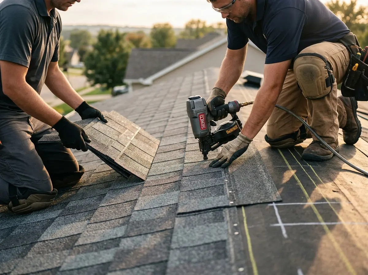 Professional roofer working on a residential roof in Chestertown